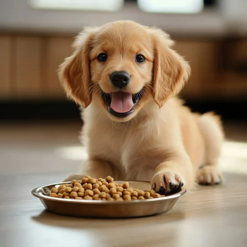 puppy-with-bowl-dog-food-floor-with-its-mouth-open